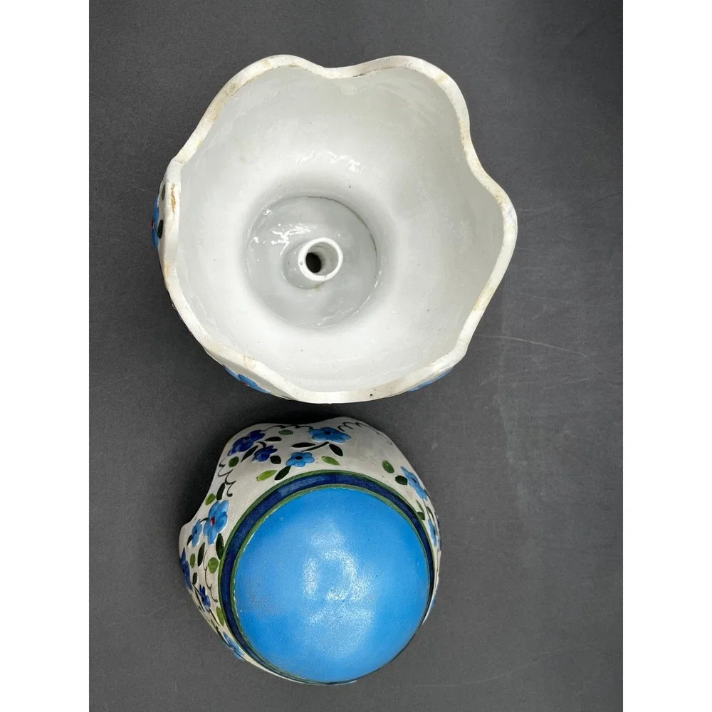 Vtg Hand Painted Ceramic Floral Pedestal Egg Small Taper Candle Holder Blue  8